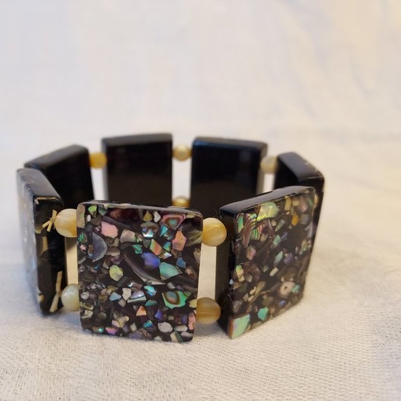 Vintage 1950's mosaic Abalone & mother of peal black block bracelet - Picture 1 of 9
